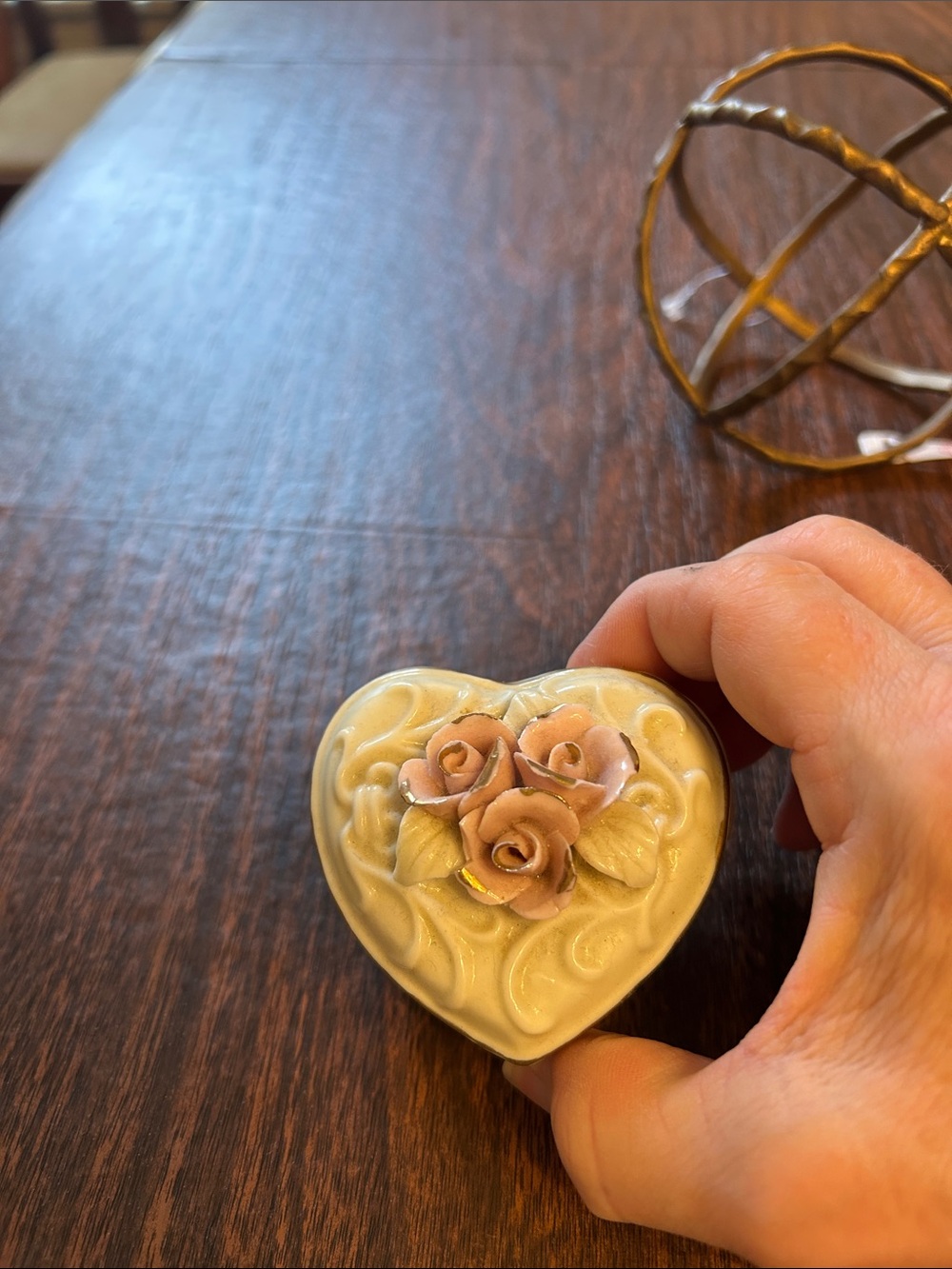 Cream heart and rose heart trinket box.